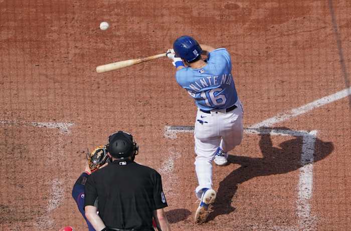 Jun 5, 2021; Kansas City, Missouri, USA; Kansas City Royals left fielder Andrew Benintendi (16) hits a two run hime run in the fifth inning against the Minnesota Twins at Kauffman Stadium. Mandatory Credit: Denny Medley-USA TODAY Sports